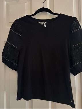 DKNY Black Knit Top with Eyelet Puff Sleeves